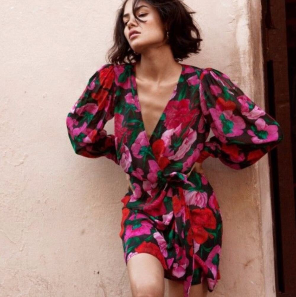 The Kooples Dolce Vite Floral Mini Pink Longsleeve Dress Womens 100% Silk Size 0